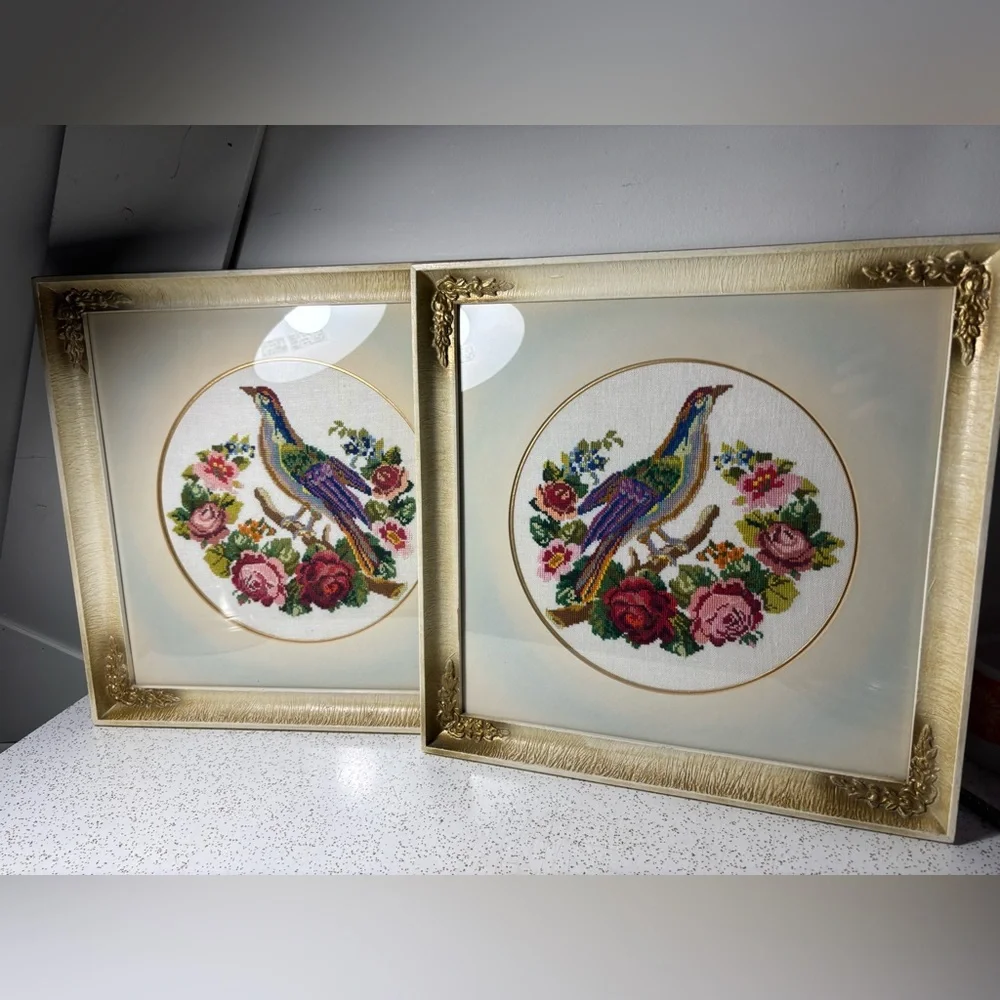 Pair of wood framed colourful bird cross stitch art pieces - Picture 2 of 12